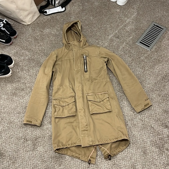 Nike tan brown canvas women’s parka long jacket hooded drawstring zipper small - Picture 4 of 6